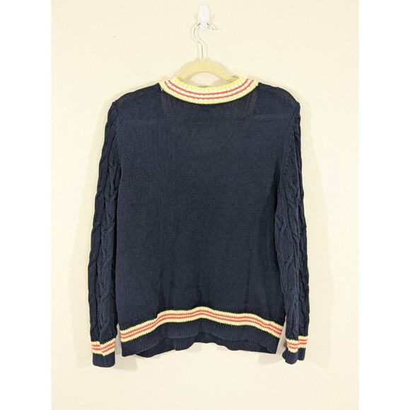 Talbots Cable Knit V Neck Sweater Cotton Linen Navy Cricket Tennis Sz L Petite - Picture 8 of 8
